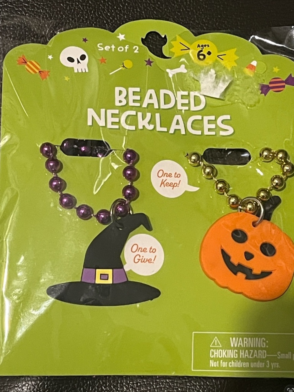 Beaded Halloween Kids Necklaces - Purple Witch Hat & Orange Pumpkin (Set of 2)